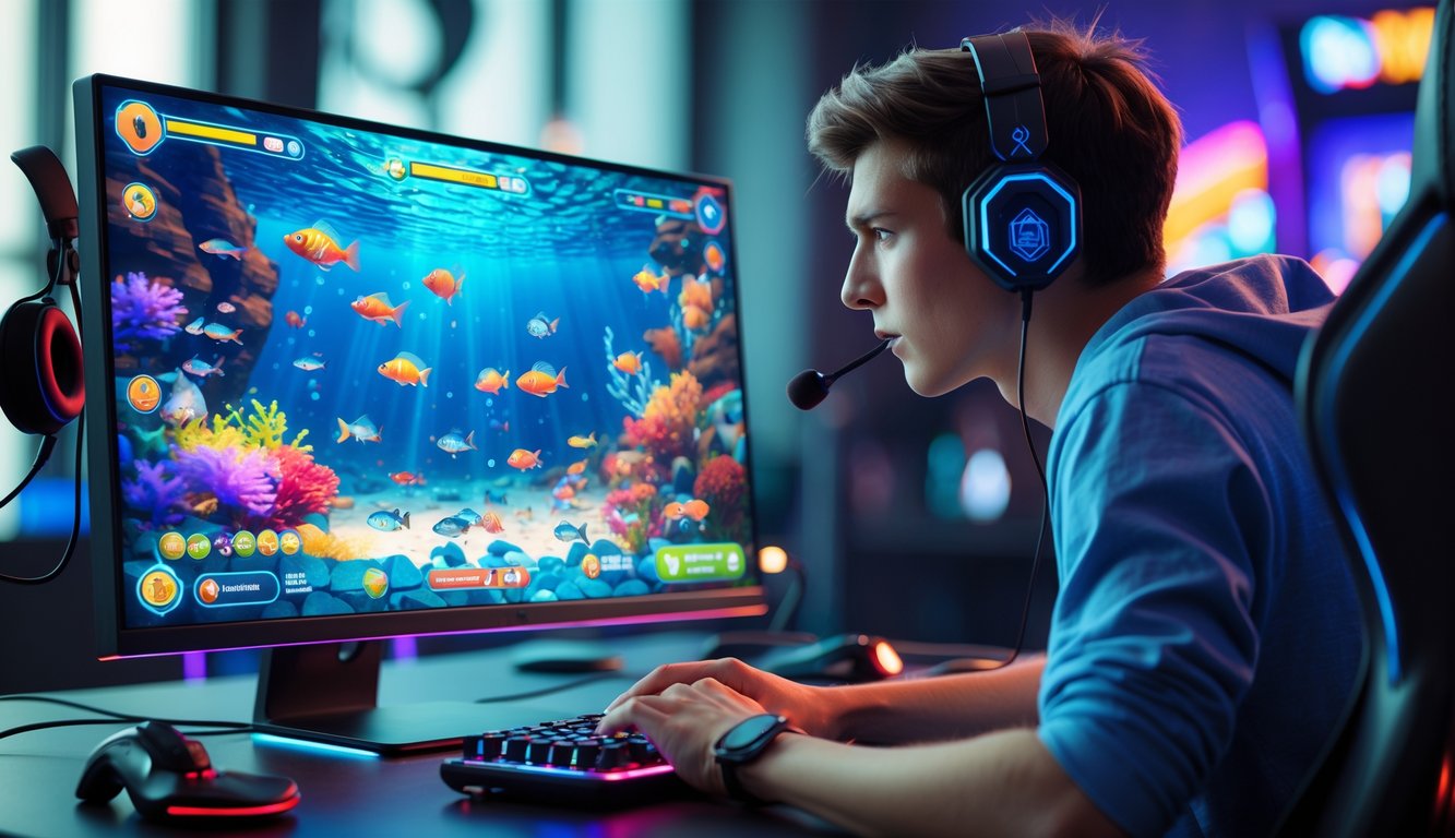 Seorang dewasa muda sedang bermain game tembak ikan online di komputer dengan latar belakang ruangan gaming yang modern.