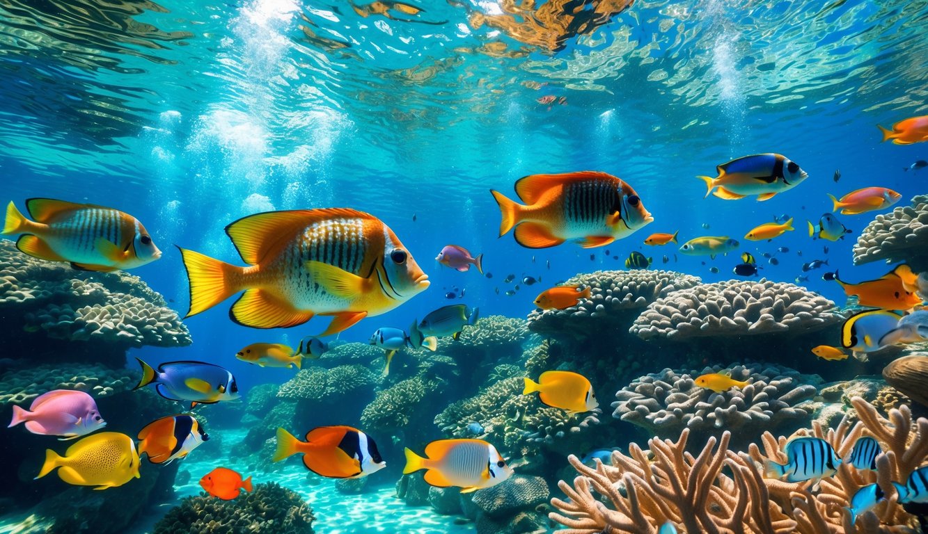 Pemandangan bawah laut yang jernih dengan berbagai ikan tropis berwarna-warni berenang di antara terumbu karang.