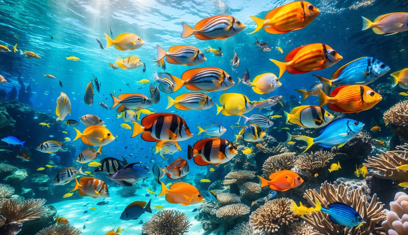 Pemandangan bawah laut dengan berbagai ikan berwarna-warni yang berenang aktif di sekitar terumbu karang.
