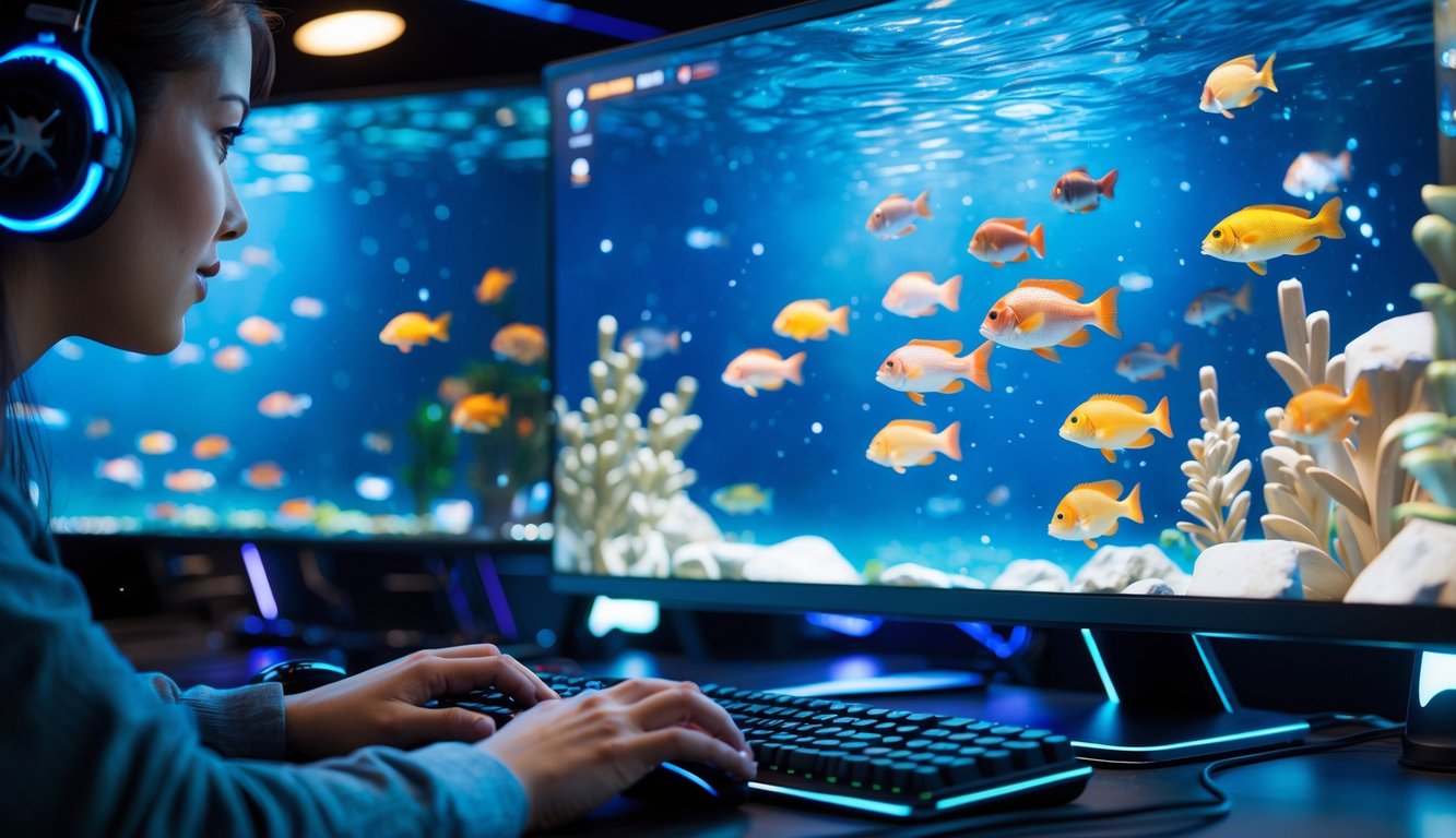 Seseorang sedang bermain game menembak ikan secara online di depan komputer dengan tampilan ikan warna-warni di layar.