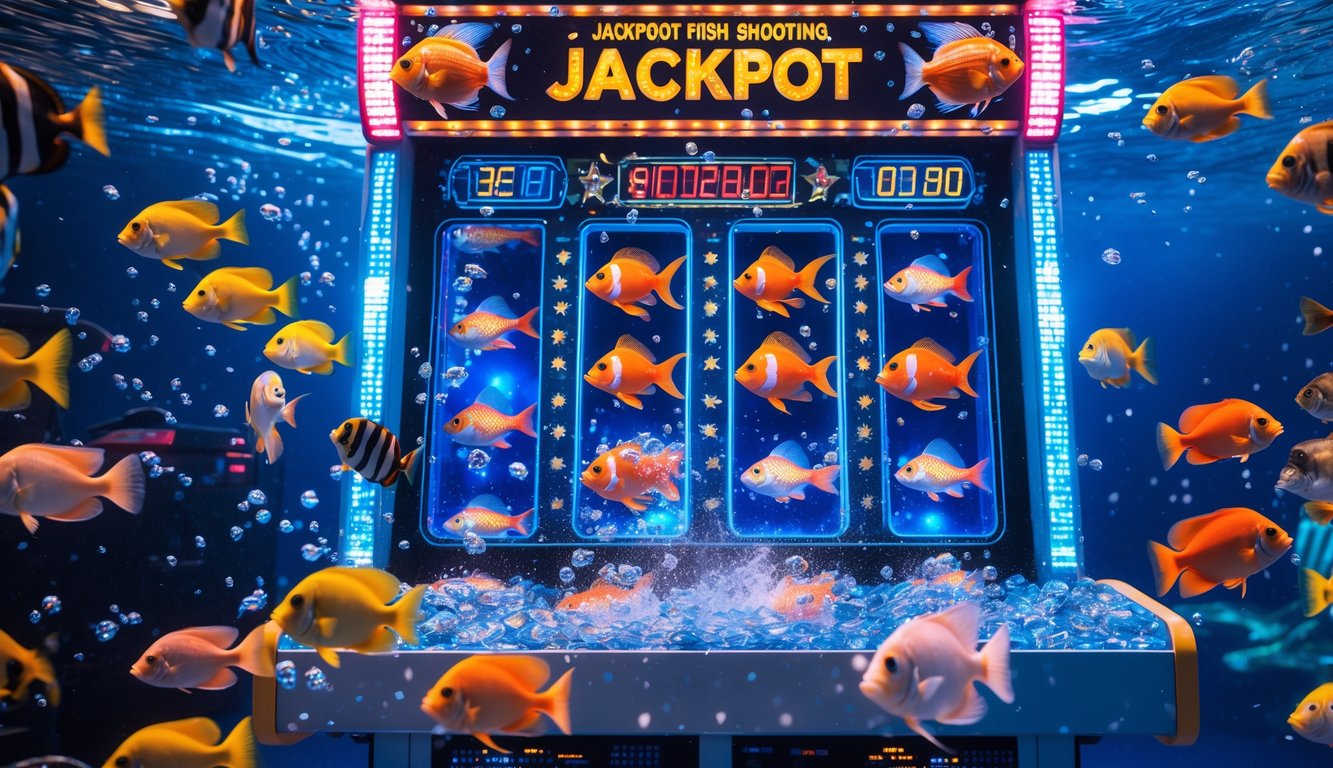 Pemandangan bawah laut dengan ikan berwarna-warni mengelilingi mesin permainan jackpot besar yang menyala.