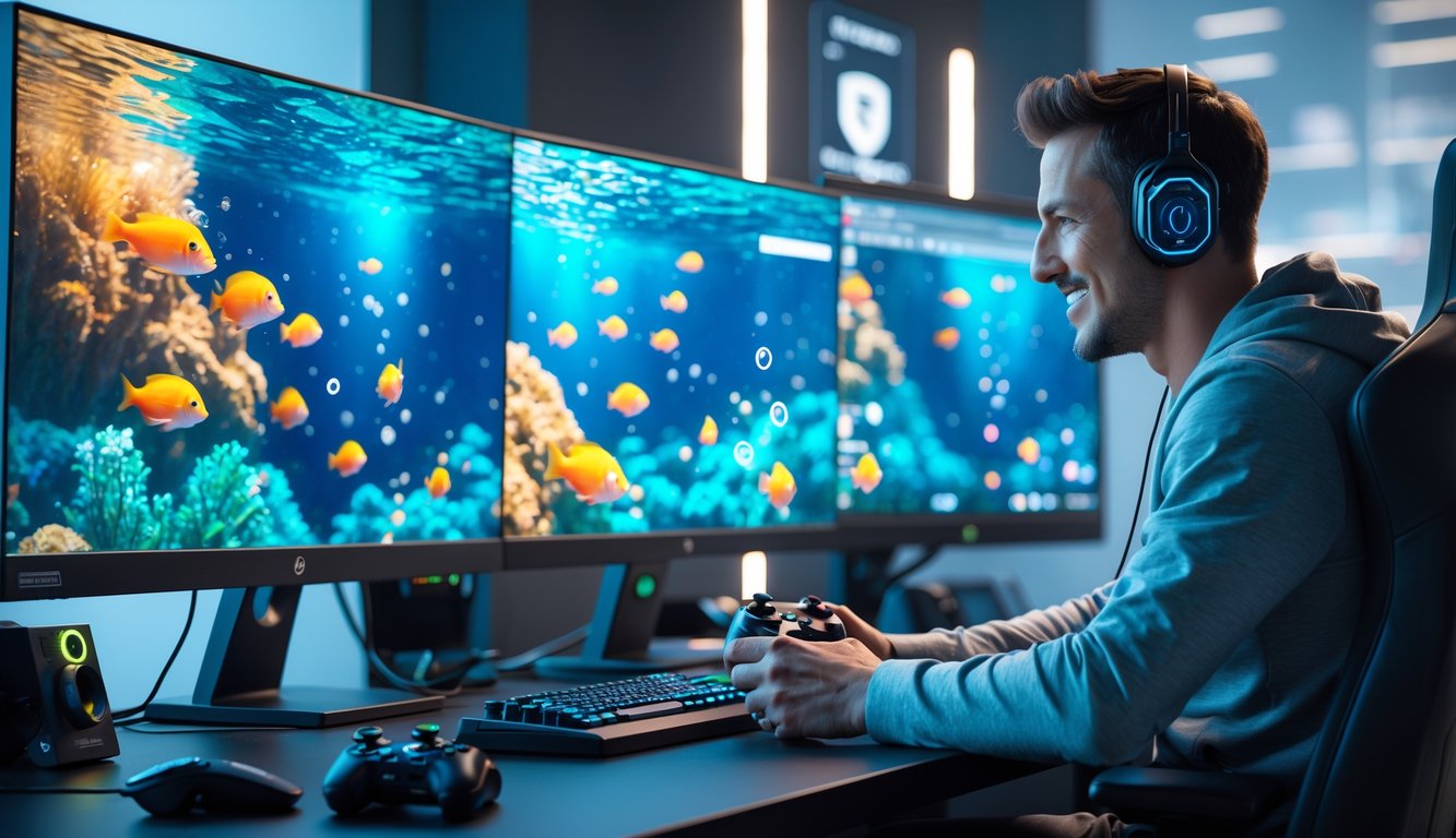 Seorang pria dewasa sedang bermain permainan tembak ikan di depan komputer dengan layar menampilkan ikan berwarna-warni di bawah laut.