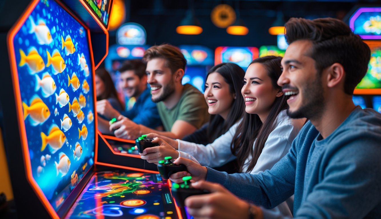 Beberapa orang sedang bermain permainan tembak ikan di mesin arcade dengan layar penuh warna dan ikan animasi.