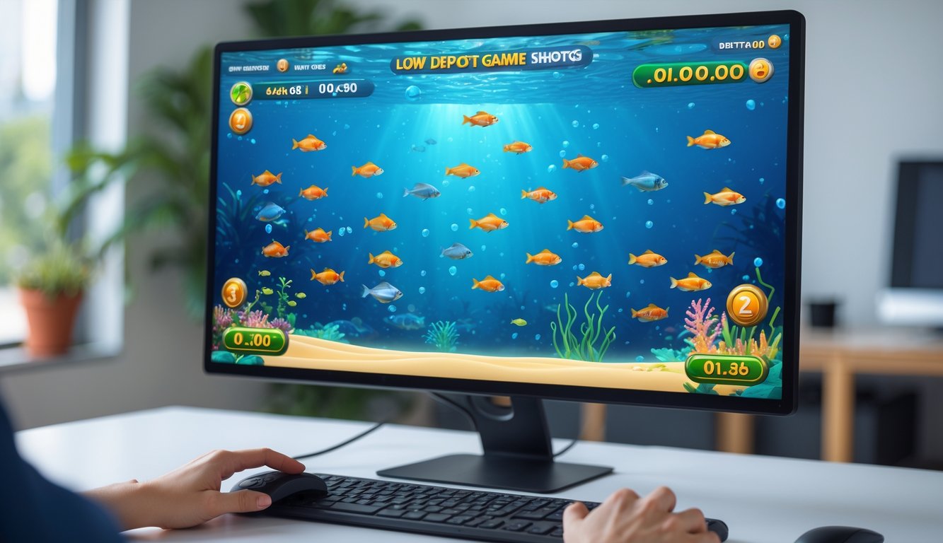 Seseorang sedang bermain permainan tembak ikan online di komputer dengan latar belakang bawah laut yang berwarna-warni.