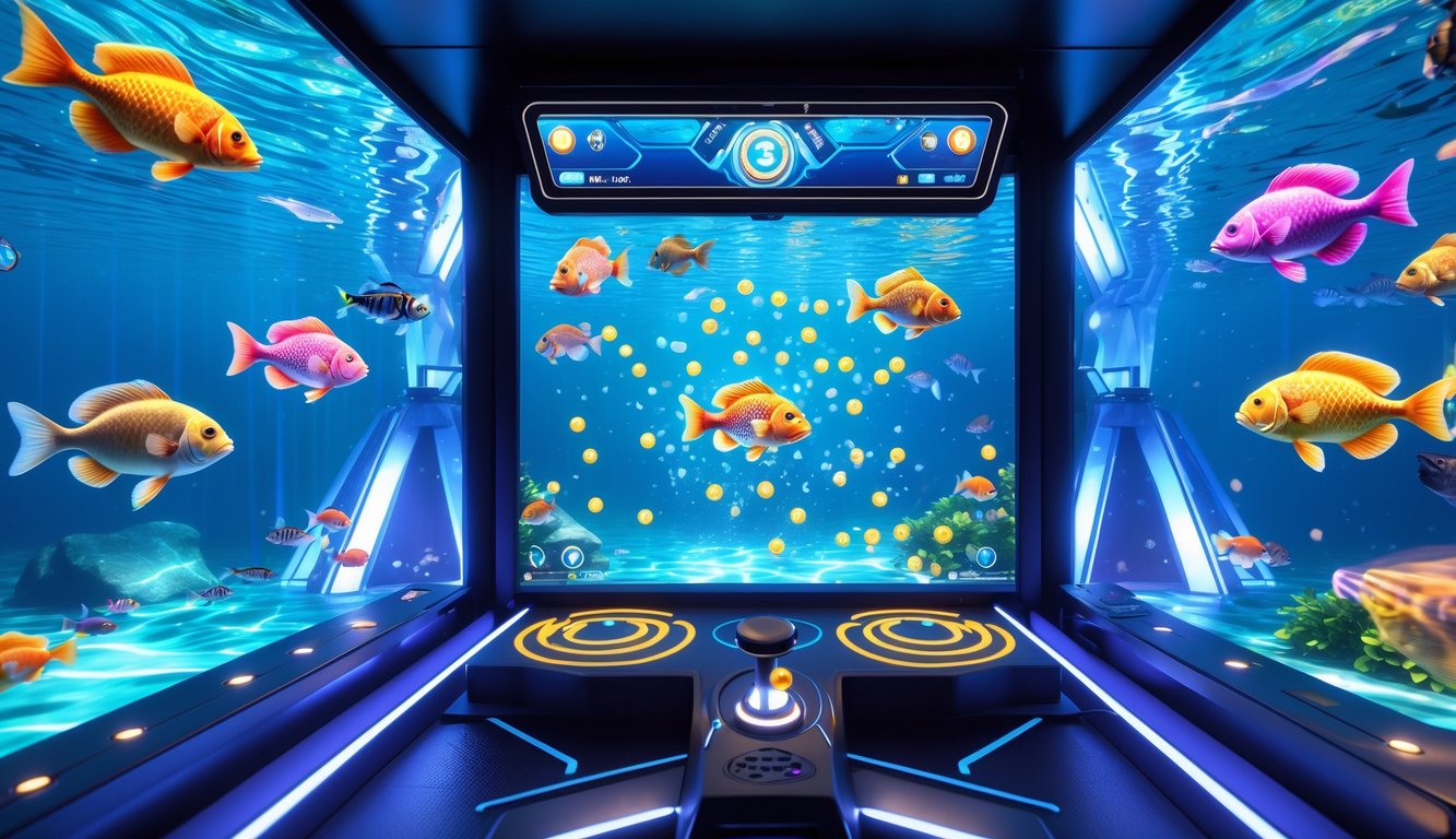 Adegan bawah laut dengan ikan warna-warni dan mesin permainan tembak ikan digital yang modern.