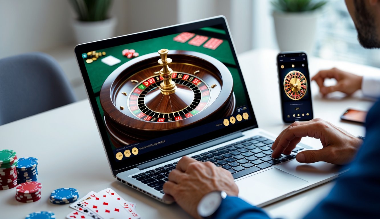 Seseorang bermain roulette online di komputer dengan chip poker dan kartu di meja.
