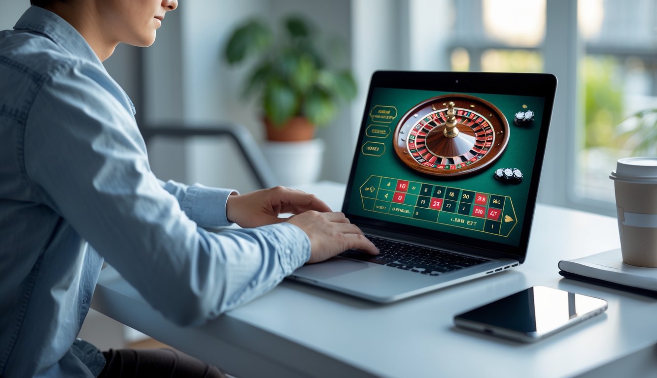 Seseorang sedang bermain roulette online dengan laptop di meja kerja di dalam rumah yang terang.