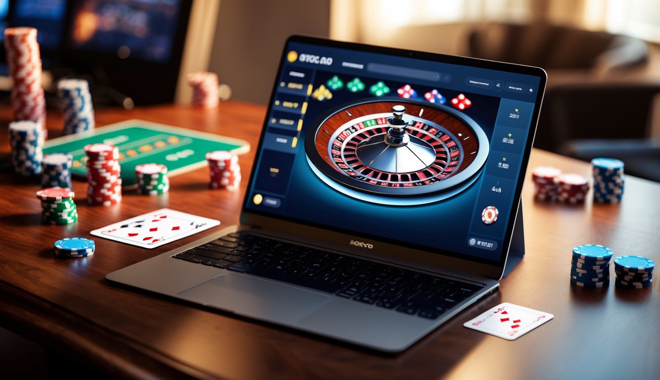 Sebuah komputer dengan tampilan roda roulette online dan chip poker di atas meja kayu.