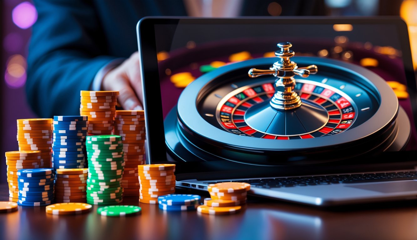 Sebuah layar komputer menampilkan permainan roulette online dengan tumpukan chip kasino berwarna di sampingnya.
