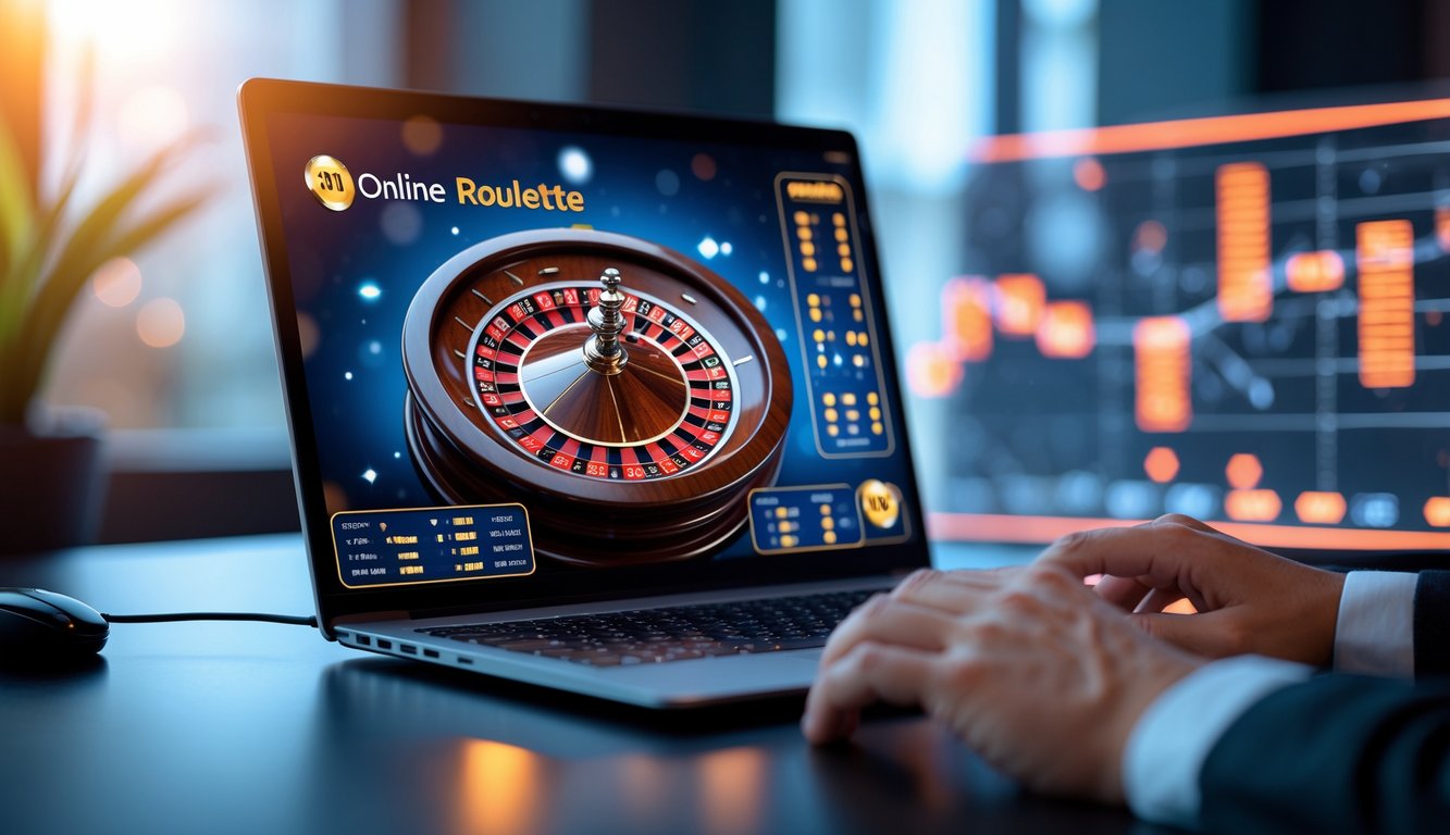 Seorang pemain sedang menggunakan komputer dengan tampilan roda roulette online yang berputar di layar.