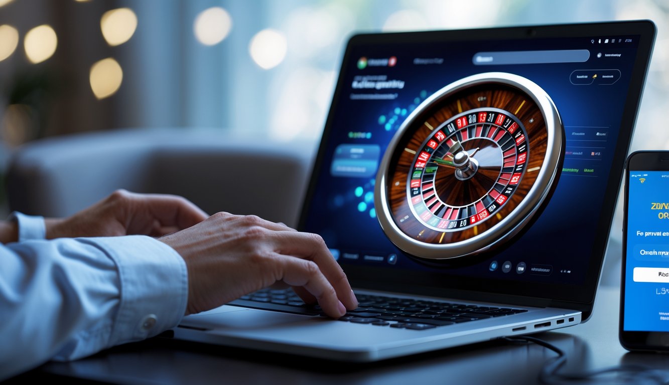 Seseorang bermain roulette online di komputer dengan layar menampilkan roda roulette dan ponsel di meja menunjukkan konfirmasi pembayaran.