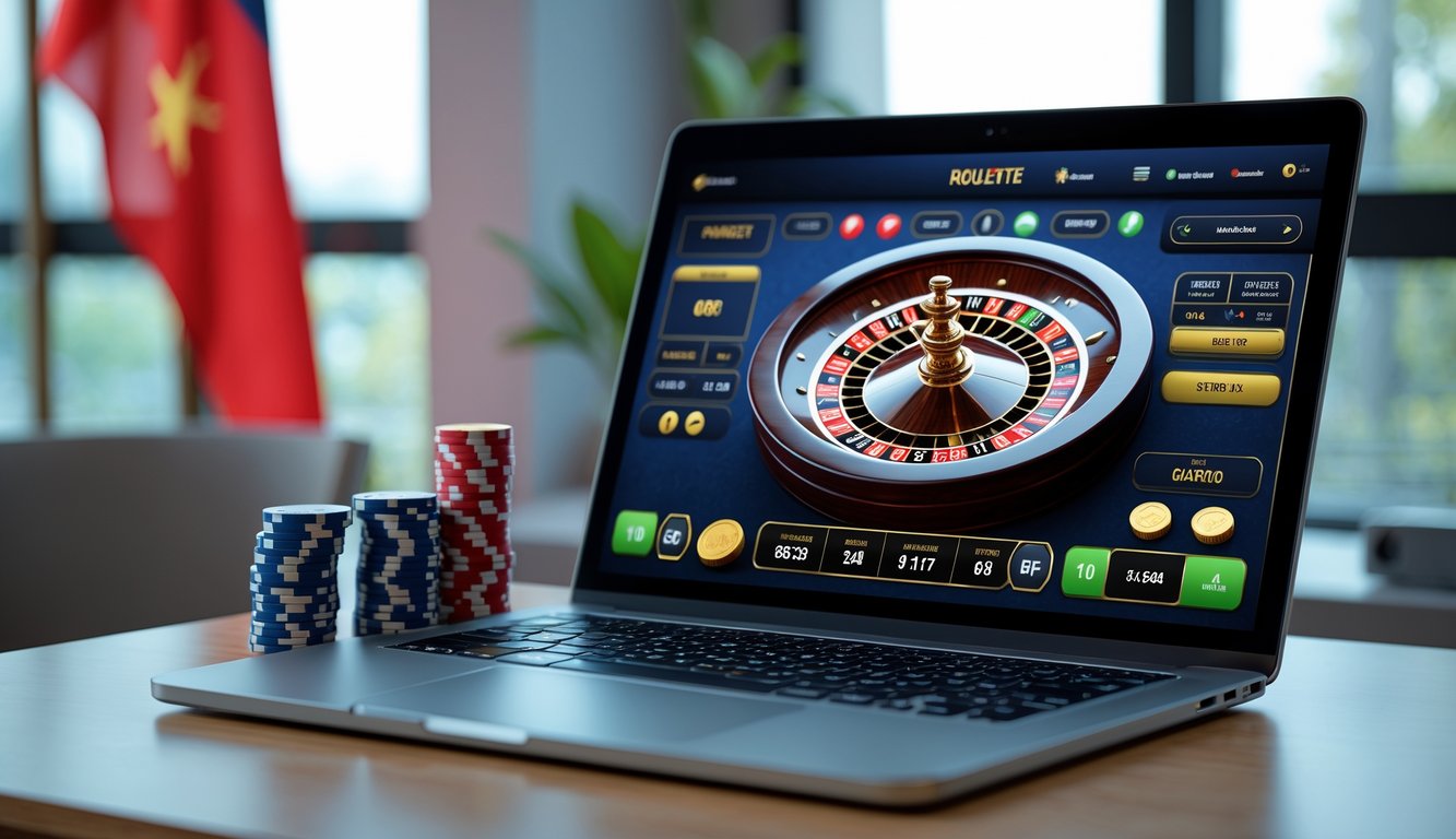 Layar laptop menampilkan permainan roulette online dengan roda roulette dan chip digital di atas meja kayu, dengan bendera Indonesia samar di latar belakang.