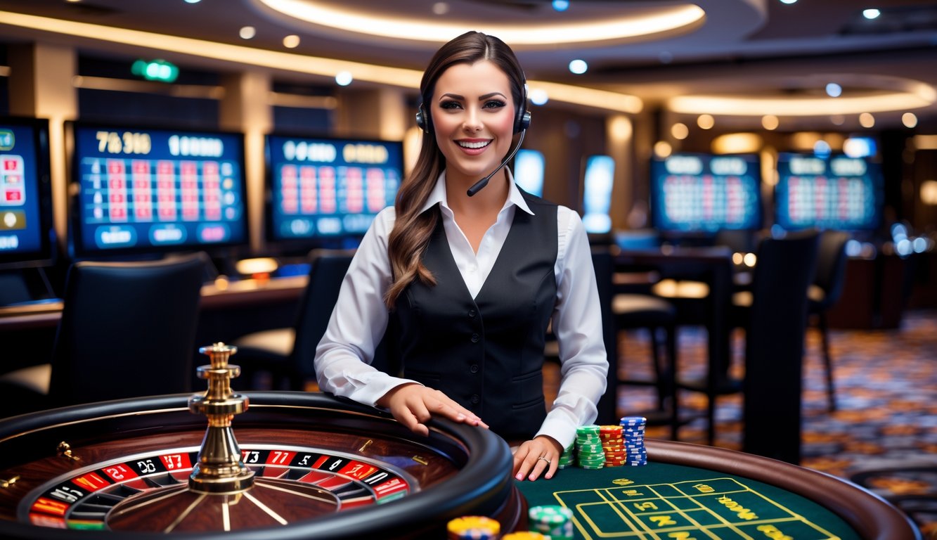 Seorang dealer wanita profesional berdiri di belakang meja roulette dengan roda roulette yang sedang berputar di lingkungan kasino modern.