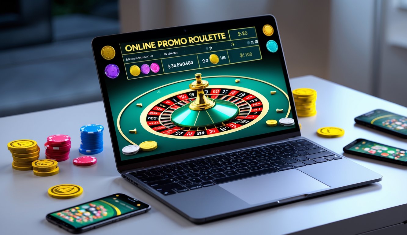 Sebuah laptop di atas meja menampilkan permainan roulette online dengan roda berwarna-warni dan chip digital di sekitarnya.