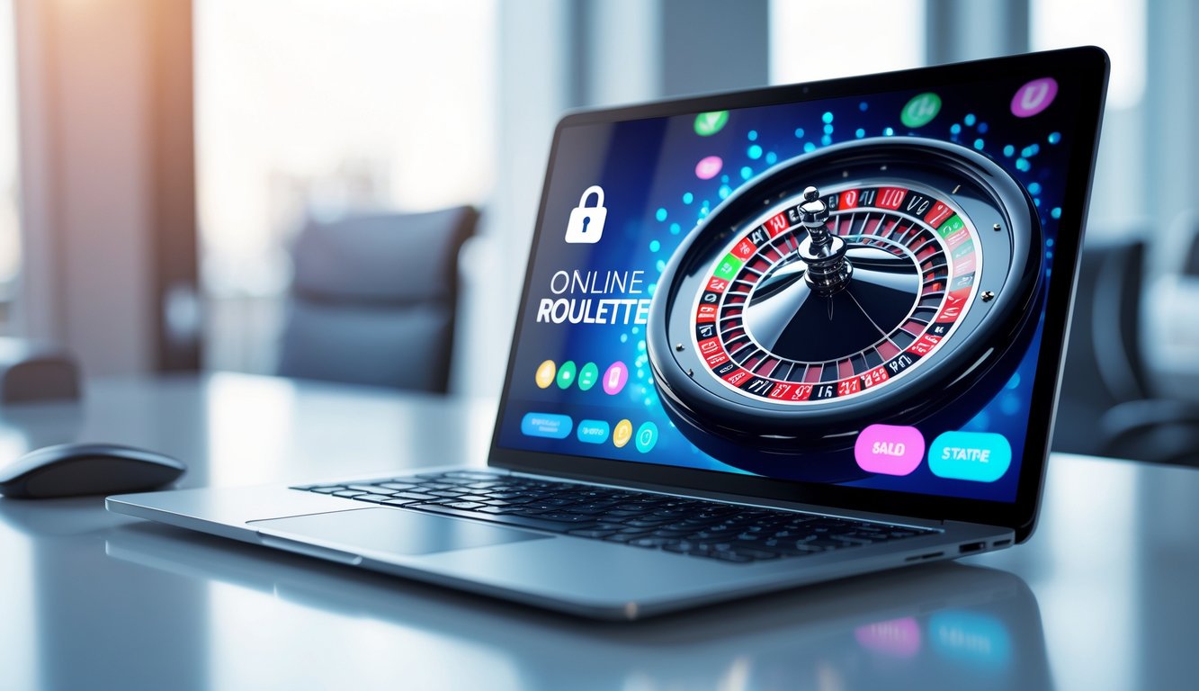 Laptop menampilkan roda roulette berputar dengan latar ruang kerja profesional yang terang dan rapi.