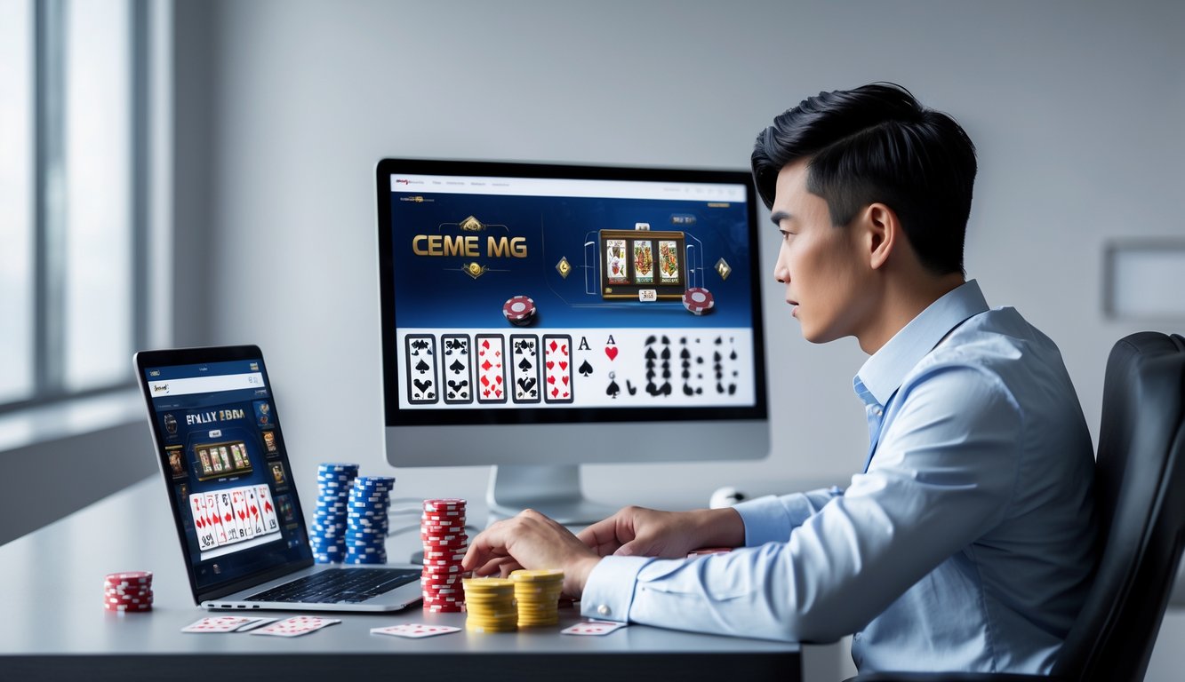 Seorang pria muda Asia duduk di depan laptop dengan tampilan permainan kartu digital, di meja terdapat chip poker dan kartu bermain, suasana ruang kerja modern dan terang.