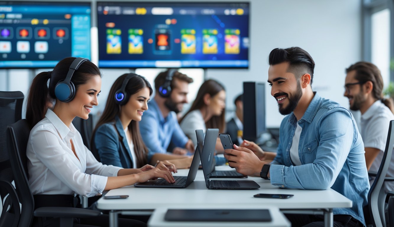 Sekelompok profesional muda sedang bermain game online di kantor modern yang terang dengan perangkat digital.