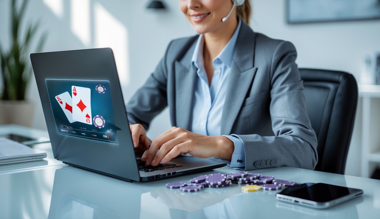 Seseorang menggunakan laptop di meja kerja dengan kartu remi dan chip poker di layar, menunjukkan aktivitas permainan judi online uang asli.