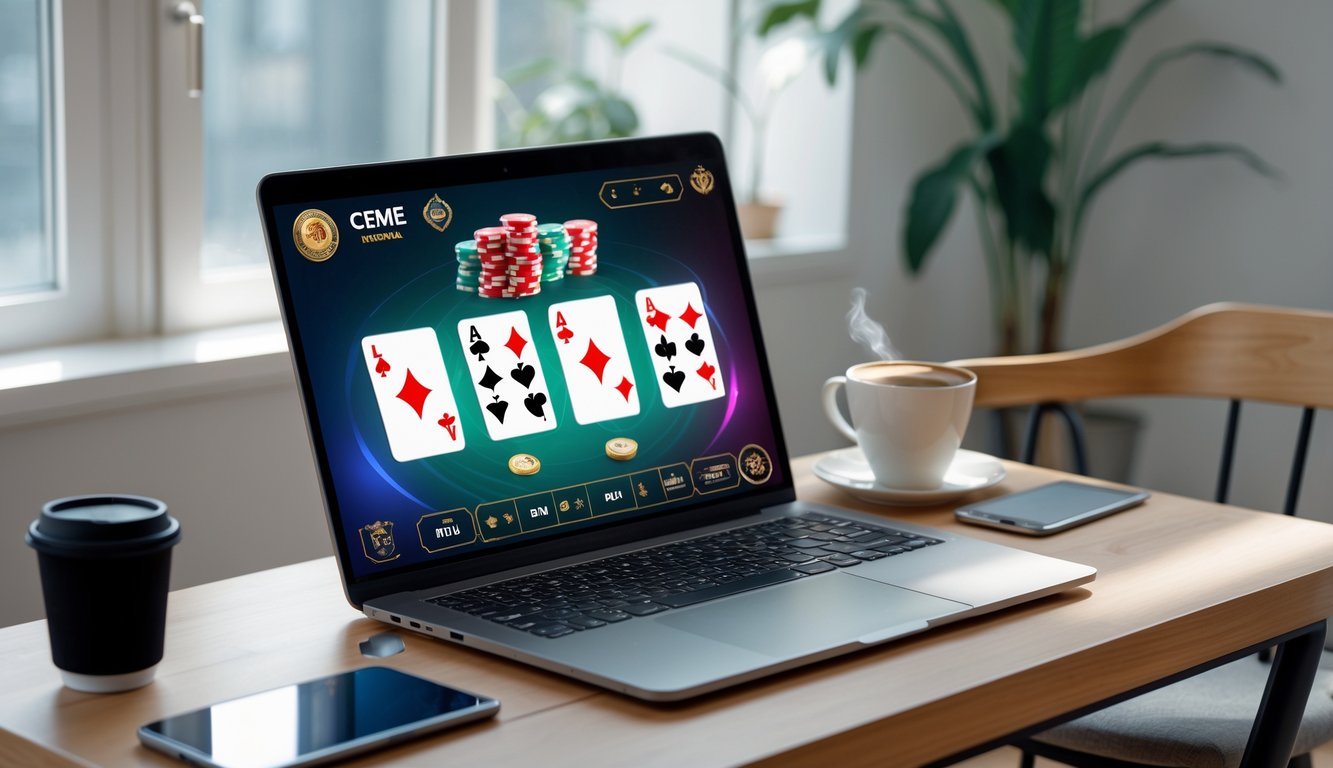 Seorang pemain sedang bermain game kartu Ceme secara online di depan komputer di ruang kerja yang rapi.