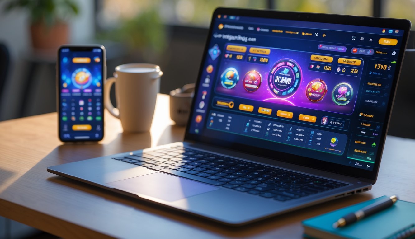 Meja kerja dengan laptop dan ponsel menampilkan aplikasi permainan online, disertai cangkir kopi dan buku catatan.