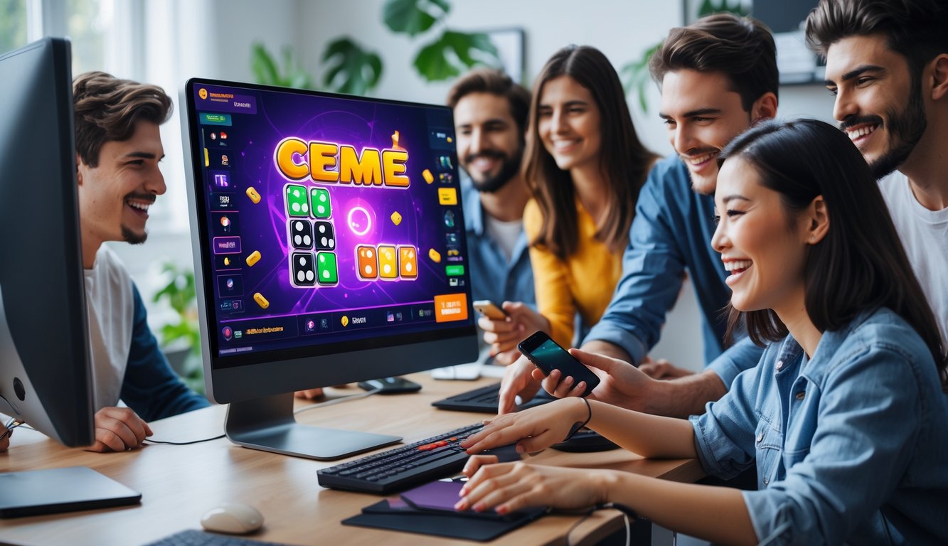 Beberapa orang muda sedang bermain permainan Ceme online terbaru di komputer dan ponsel di ruangan yang terang dan modern.