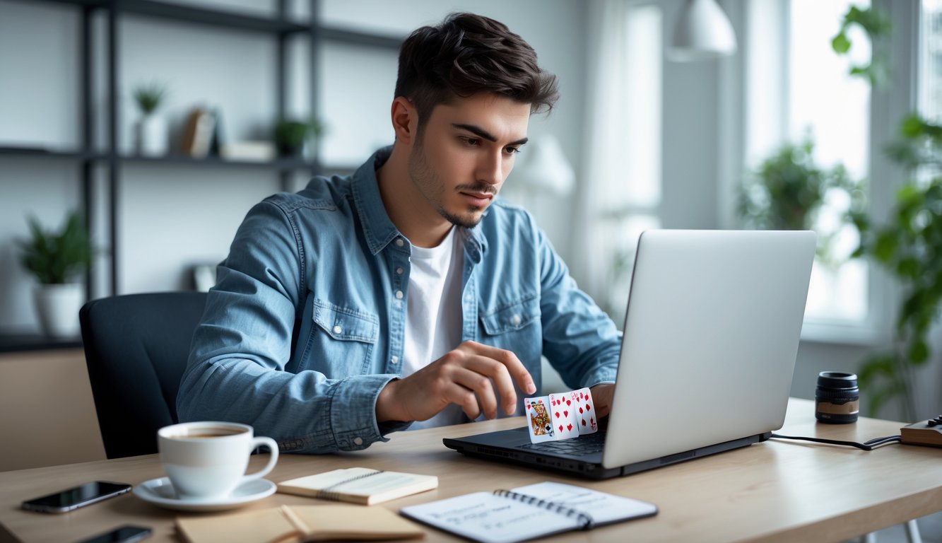 Seorang pria muda duduk di meja dengan laptop, fokus bermain kartu secara online di ruang kerja modern.