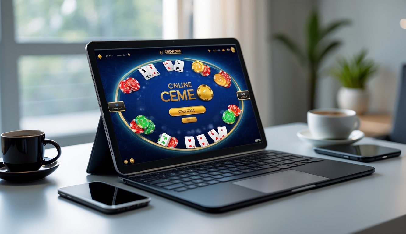 Seorang pengguna sedang bermain permainan kartu Ceme online di laptop dengan suasana ruang kerja yang nyaman.