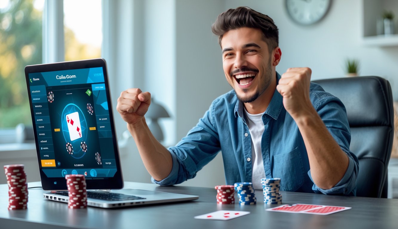 Seorang pria muda tersenyum gembira di depan laptop dengan kartu dan chip poker di meja, menunjukkan kegembiraan setelah menang besar dalam permainan online.