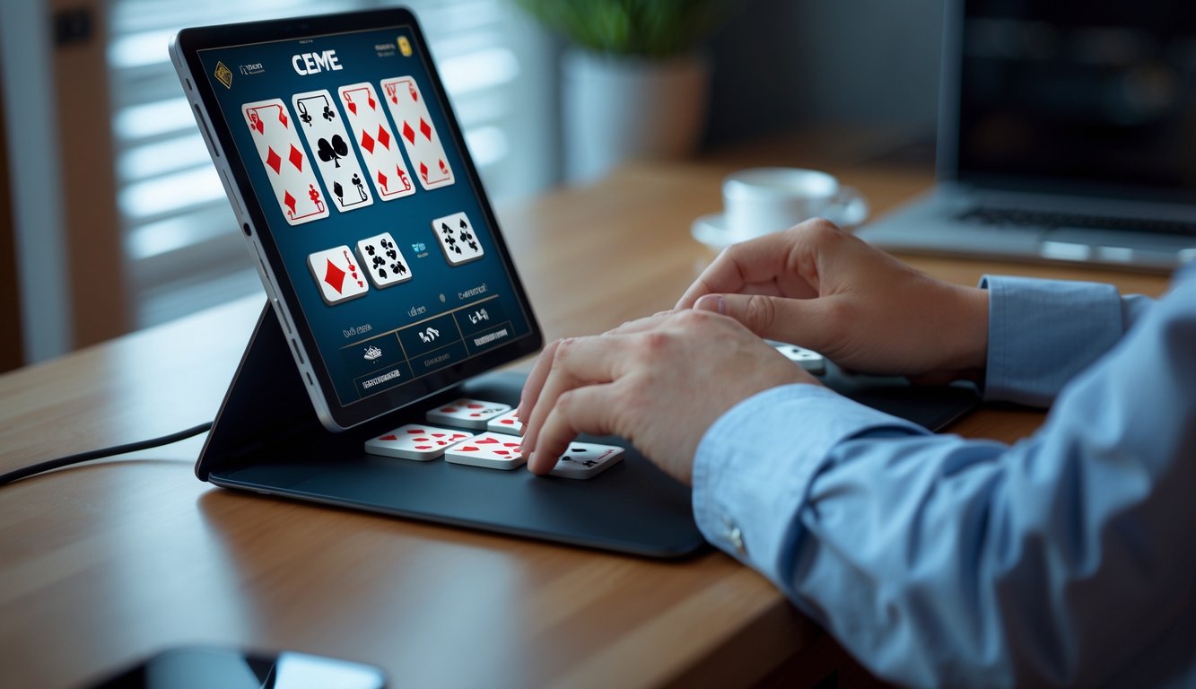 Seseorang sedang bermain permainan kartu Ceme secara online menggunakan laptop di atas meja kayu.
