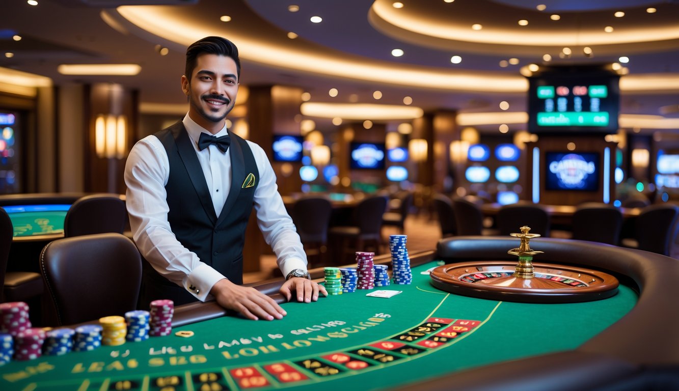 Seorang dealer berjubah resmi berdiri di belakang meja permainan kasino yang mewah dengan chip dan kartu, di dalam ruangan kasino yang elegan dan terang.