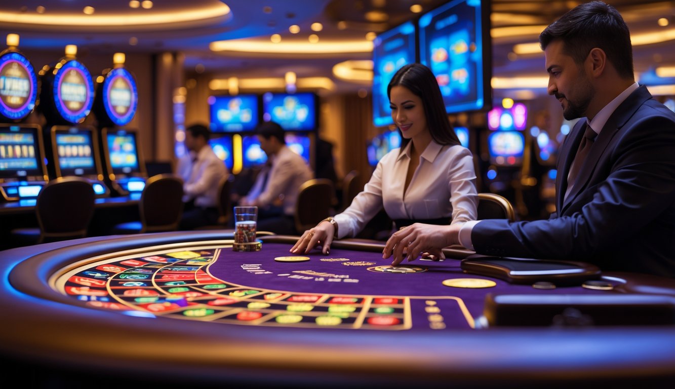 Suasana kasino langsung dengan dealer dan pemain di meja permainan yang modern dan terang.