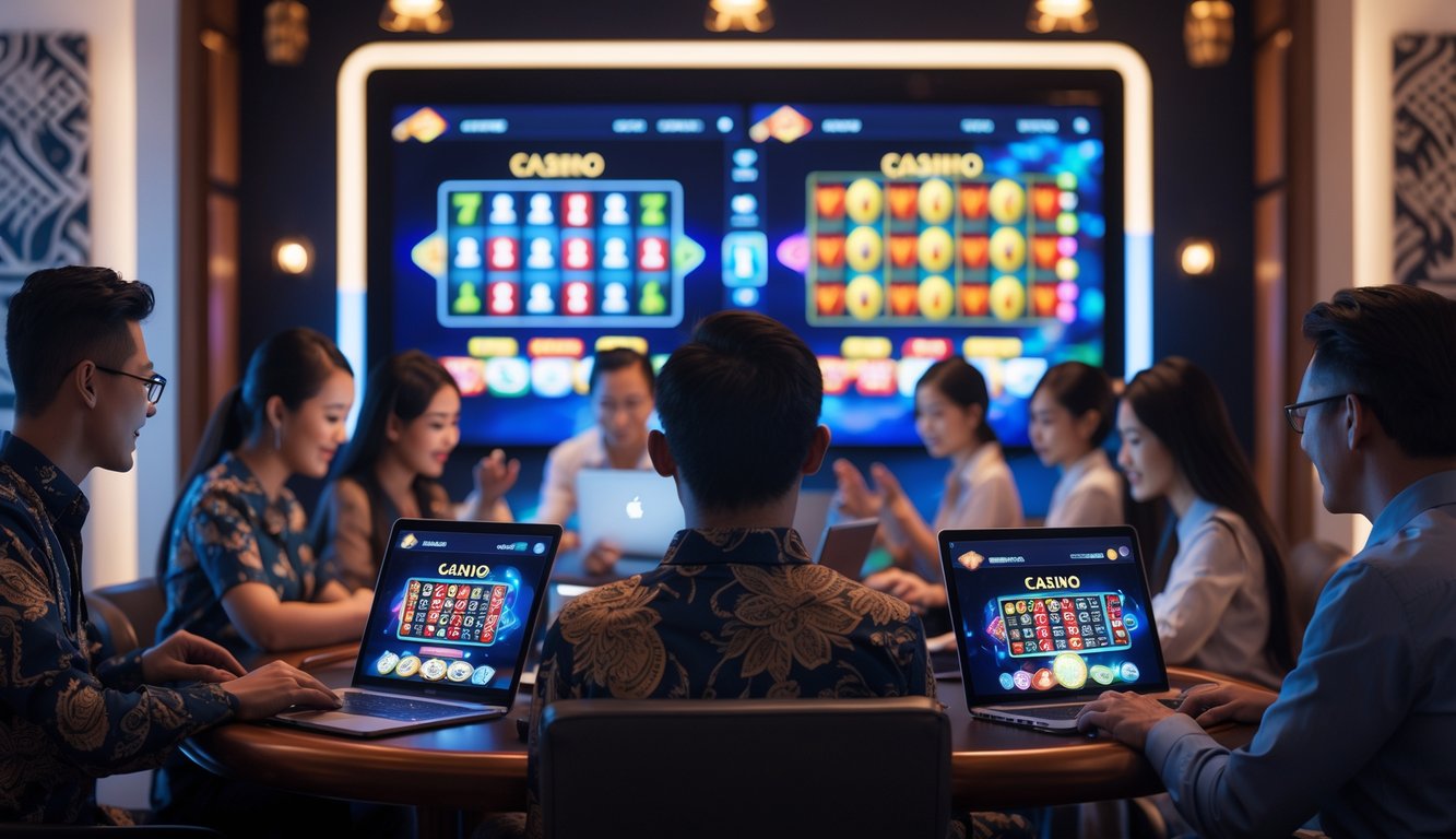 Orang-orang sedang bermain permainan kasino online menggunakan perangkat digital di ruangan modern dengan elemen dekorasi tradisional Indonesia.