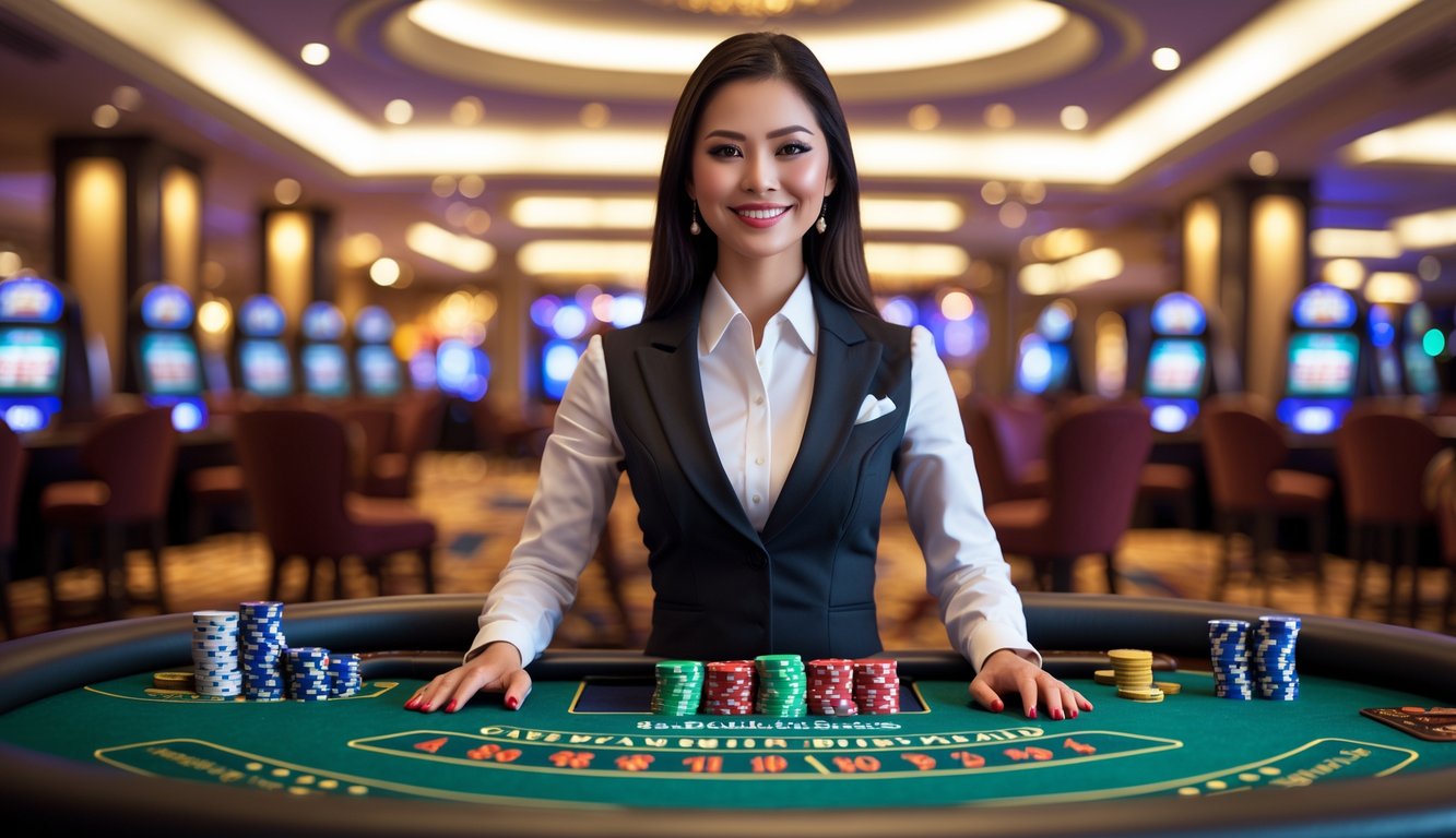 Seorang dealer kasino asli berdiri di belakang meja kasino dengan kartu dan chip, di dalam ruangan kasino yang elegan.