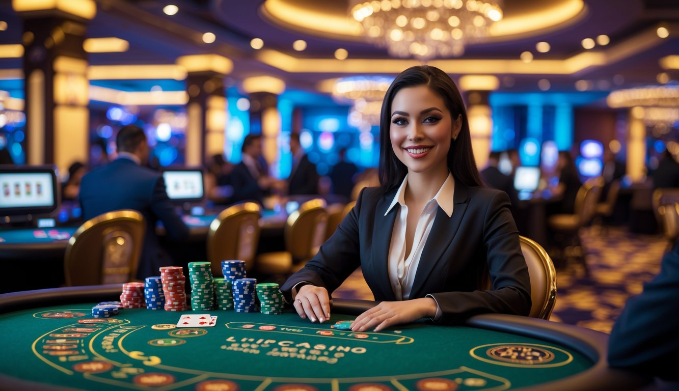 Seorang dealer wanita tersenyum di meja kartu kasino yang mewah dengan pemain di latar belakang.