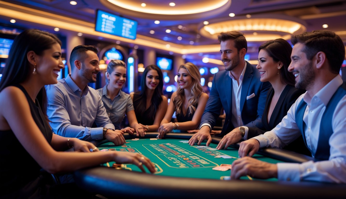 Orang-orang bermain kartu di meja kasino dengan dealer manusia di lingkungan kasino yang terang dan ramai.