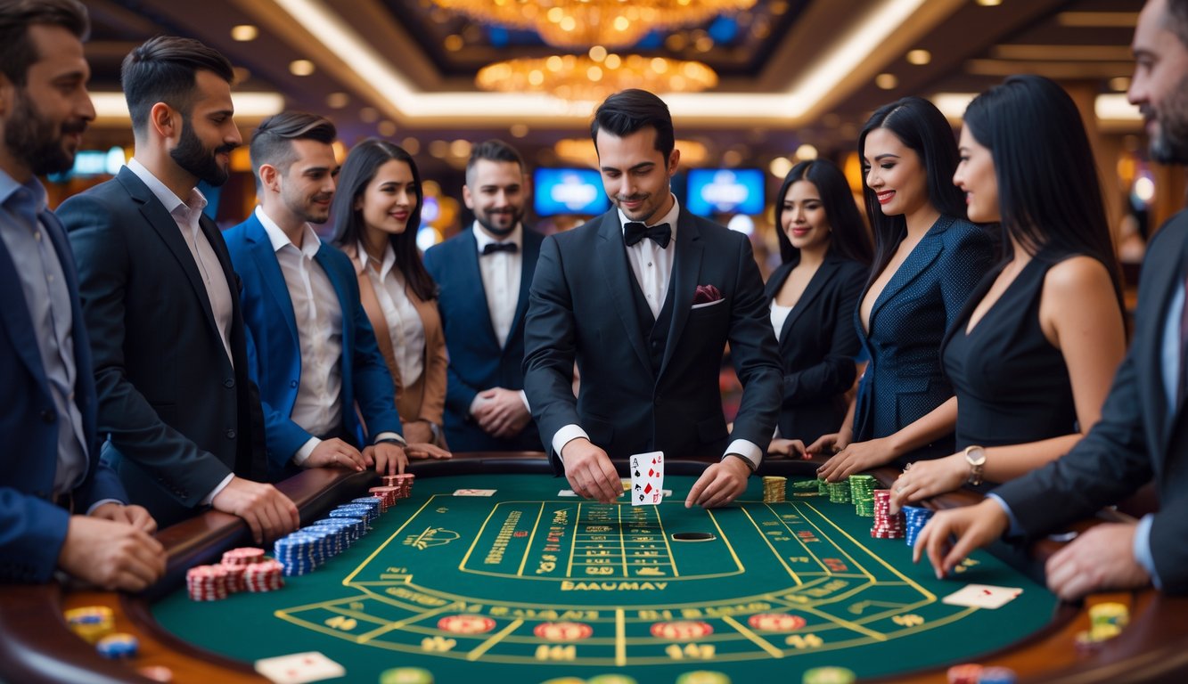 Seorang dealer berdiri di meja Baccarat dengan pemain yang memperhatikan permainan di kasino langsung.