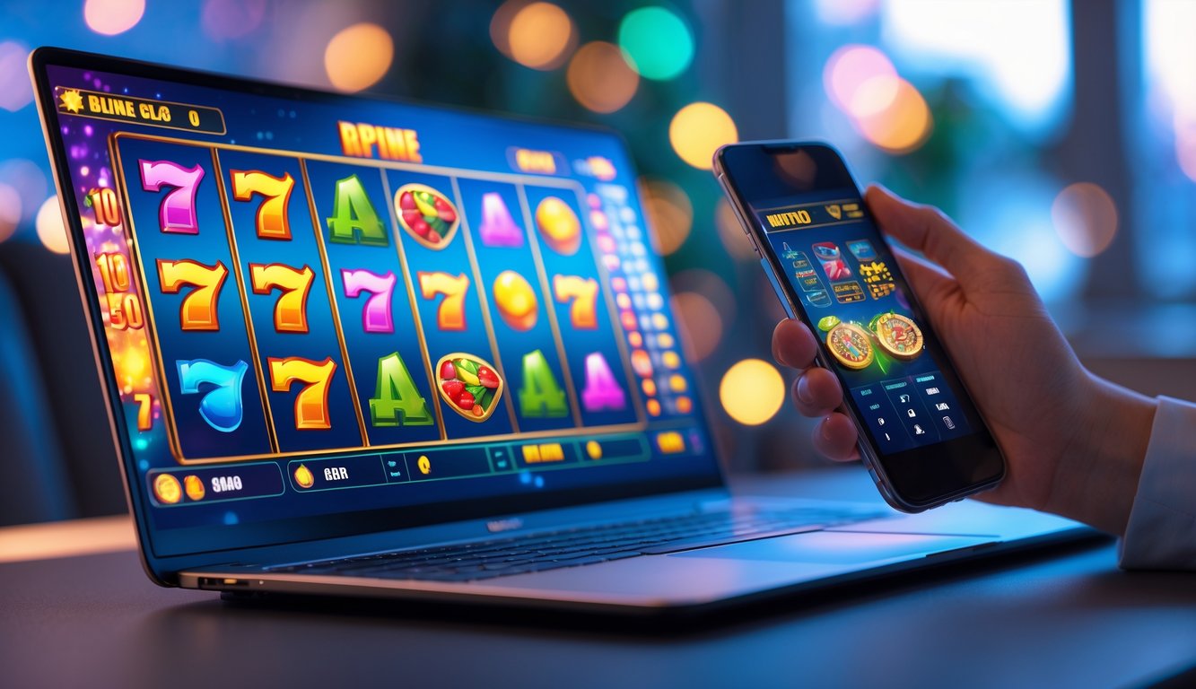 Seseorang menggunakan laptop dan ponsel dengan tampilan permainan slot kasino online yang berwarna-warni di meja kerja.