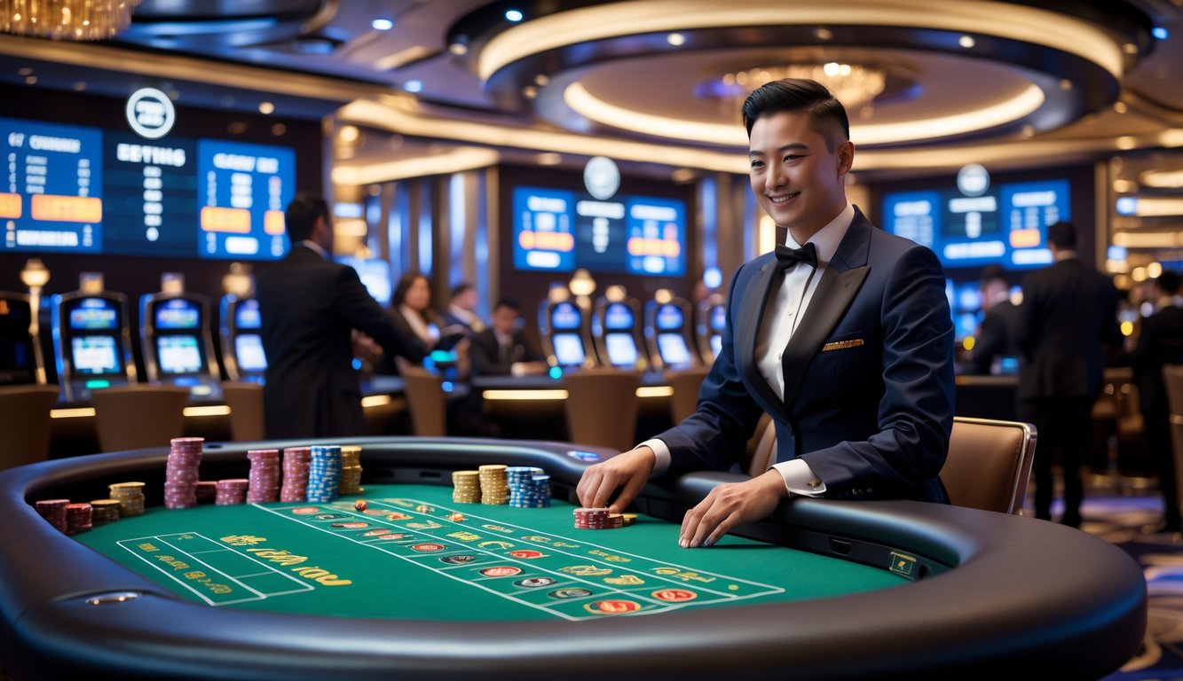 Suasana kasino langsung dengan dealer di meja permainan dan layar digital yang menunjukkan transaksi pembayaran cepat.