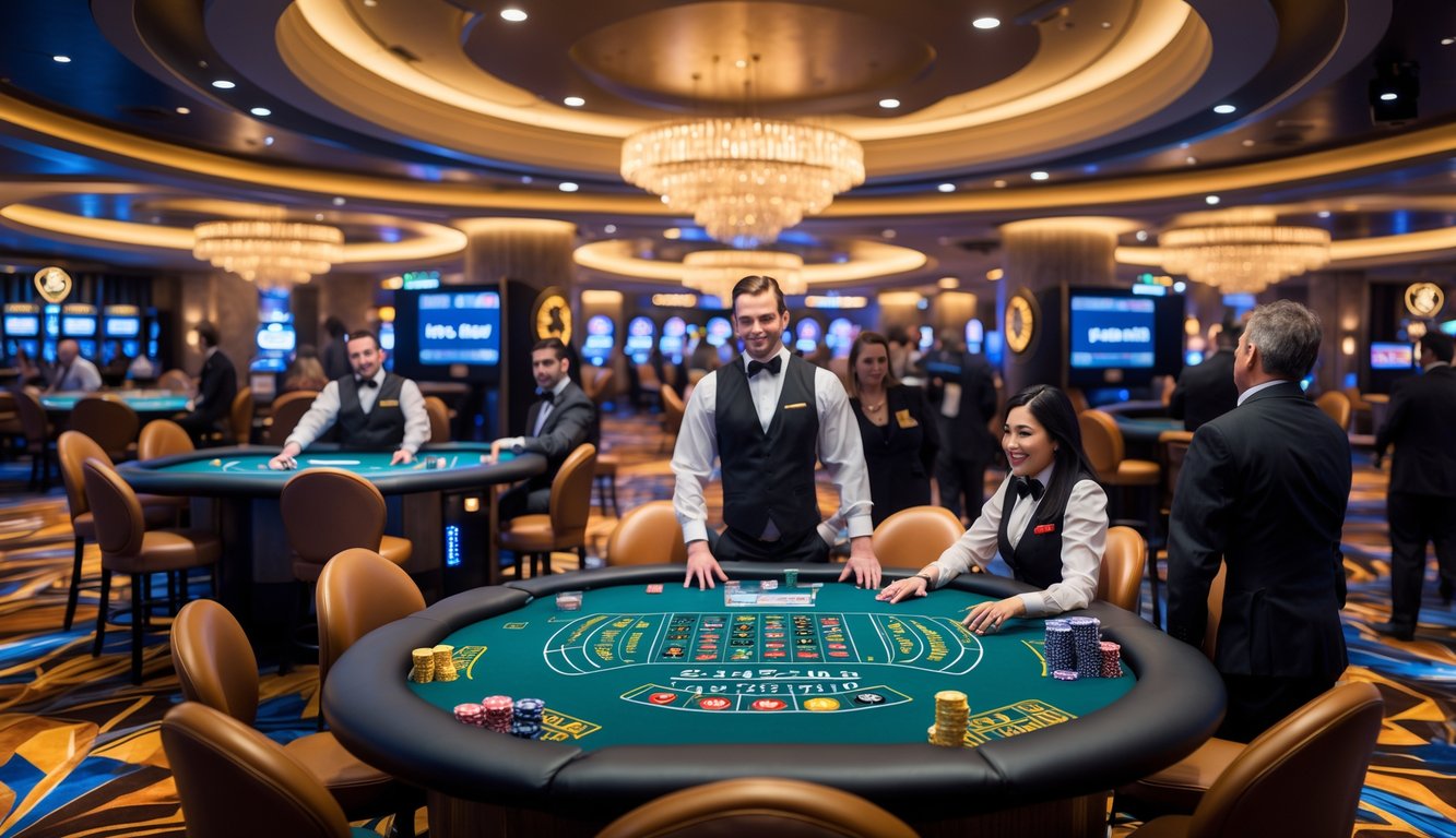 Suasana kasino langsung yang sibuk dengan meja permainan dan dealer yang melayani pemain pada malam hari.