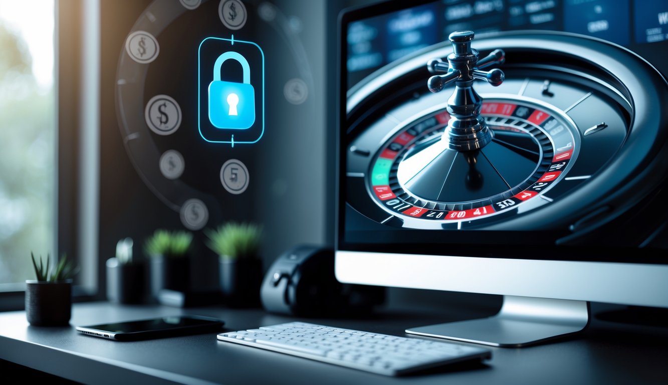 Sebuah meja kerja dengan komputer yang menampilkan roda roulette digital yang berwarna-warni dan modern.