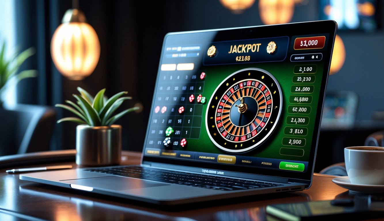 Sebuah laptop menampilkan permainan roulette online dengan roda roulette berwarna cerah dan penghitung jackpot besar di layar, diletakkan di atas meja kayu dengan pencahayaan hangat.