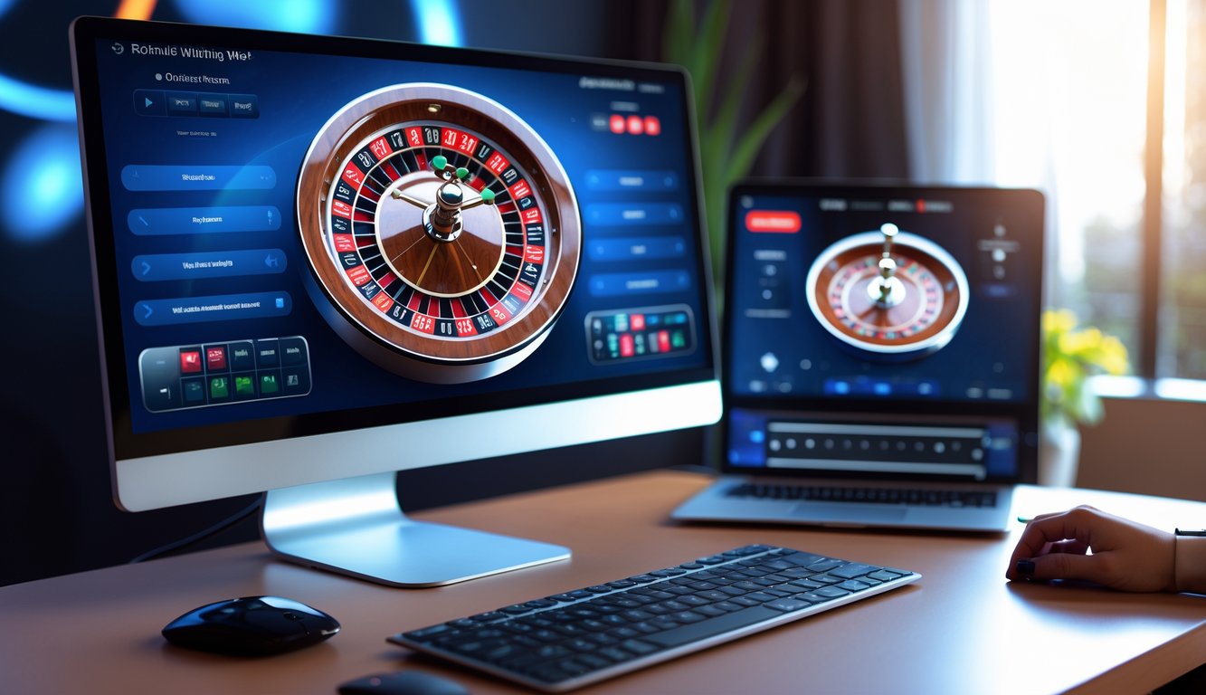 Sebuah layar komputer menampilkan permainan roulette online dengan roda roulette digital dan perangkat pendukung di meja kerja.