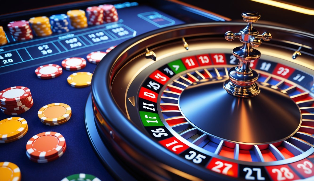 Sebuah roda roulette online yang besar dan berwarna-warni dengan antarmuka digital dan chip taruhan di meja virtual.