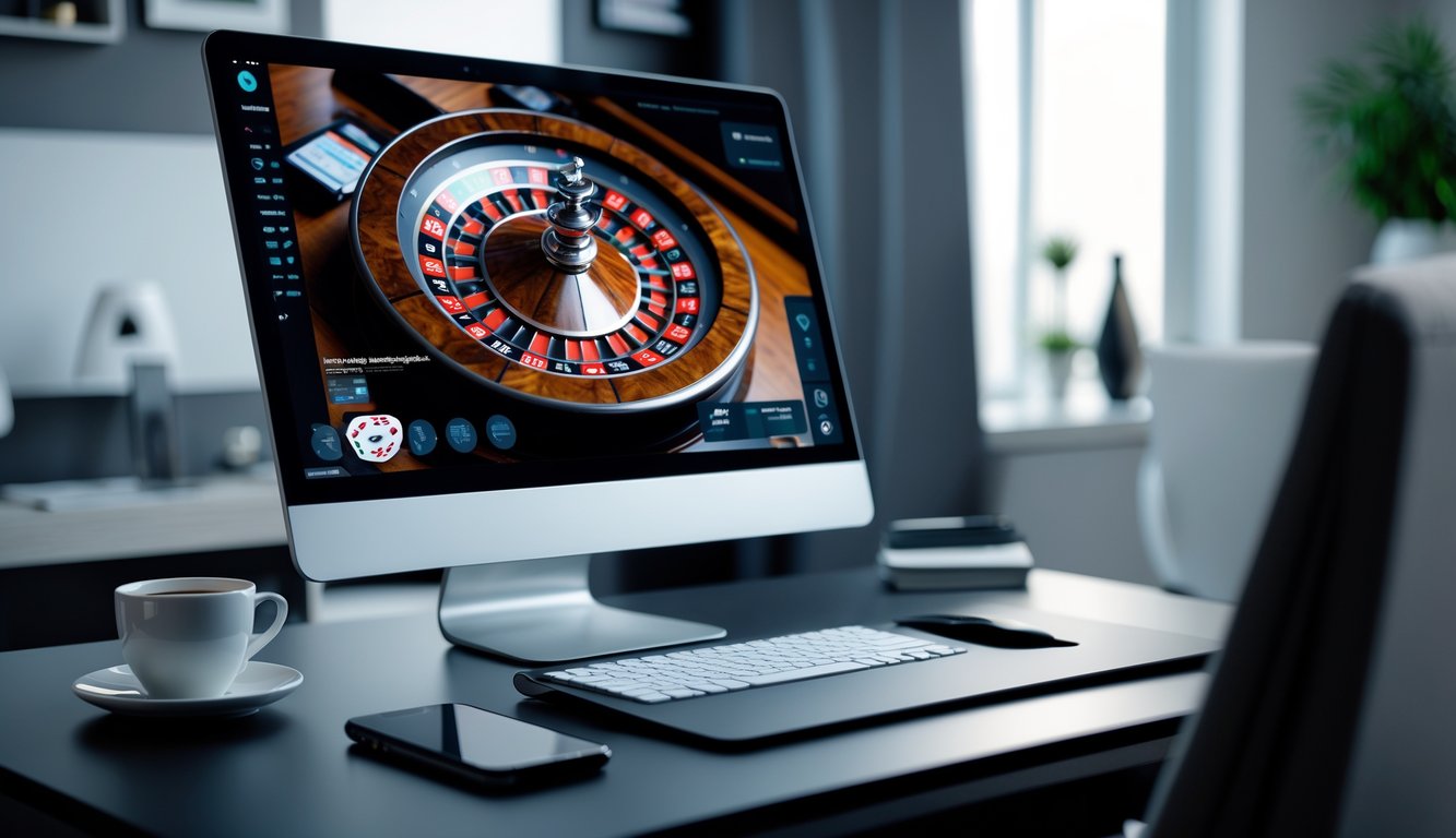 Sebuah meja kerja dengan komputer yang menampilkan roda roulette digital, di dalam ruangan yang terang dan rapi.
