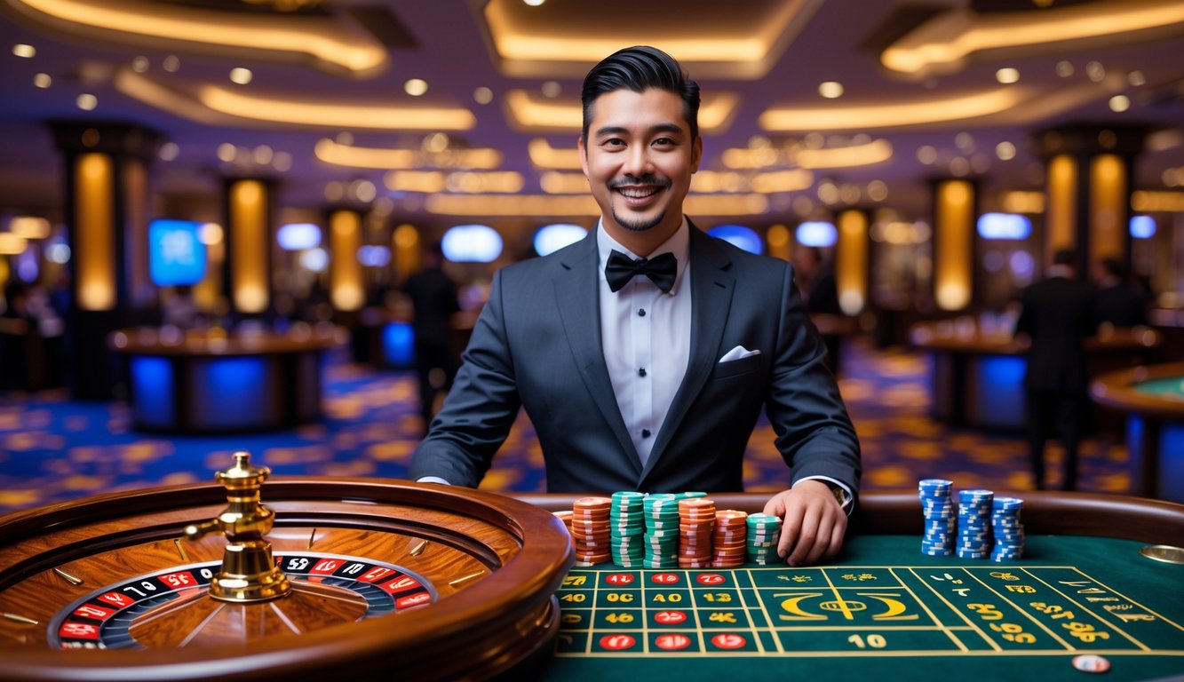 Seorang dealer nyata sedang mengelola permainan roulette langsung di meja kasino dengan roda roulette berputar dan chip warna-warni.