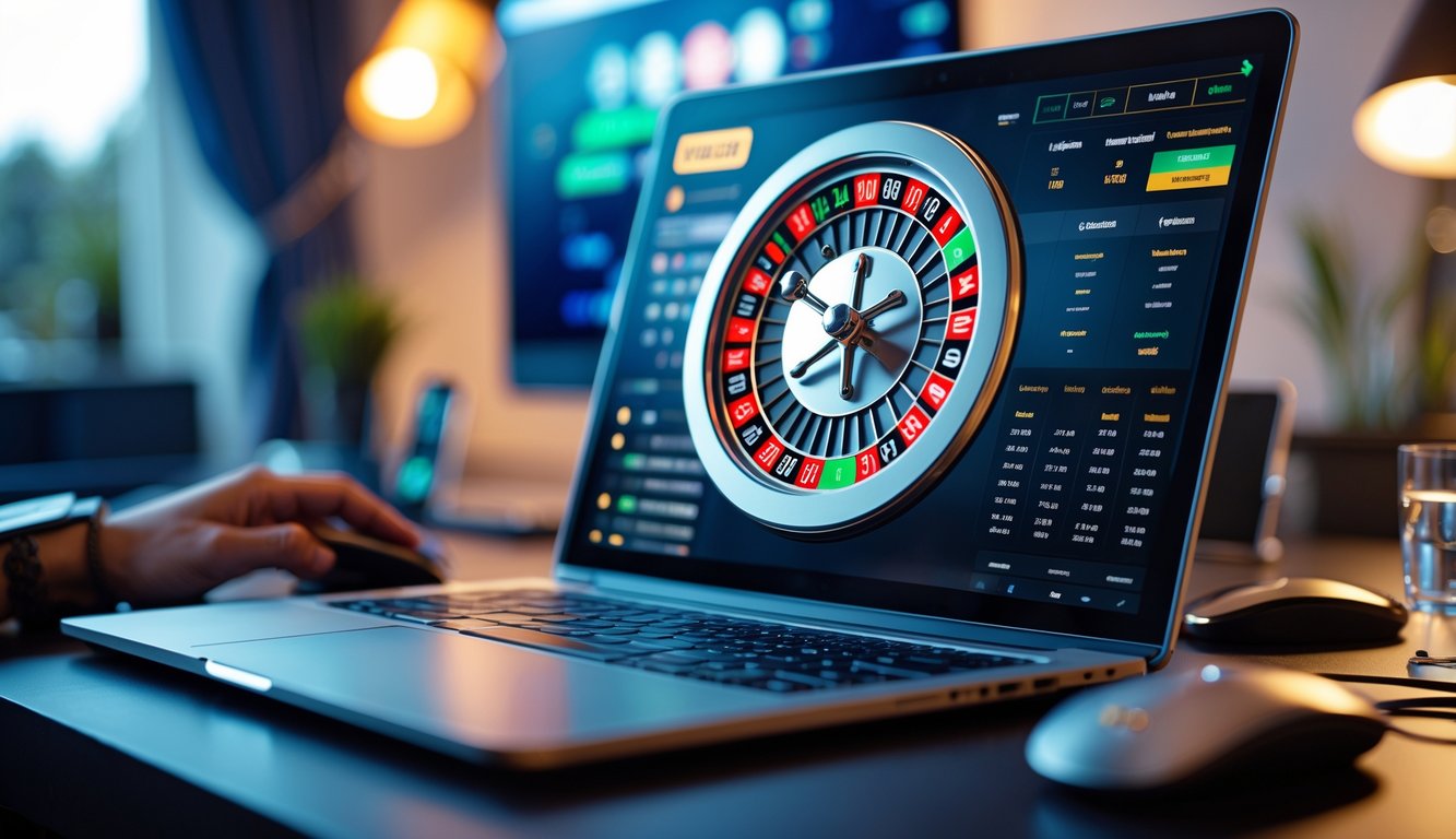 Layar komputer menampilkan permainan roulette online dengan roda roulette digital dan bola putih yang bergerak.