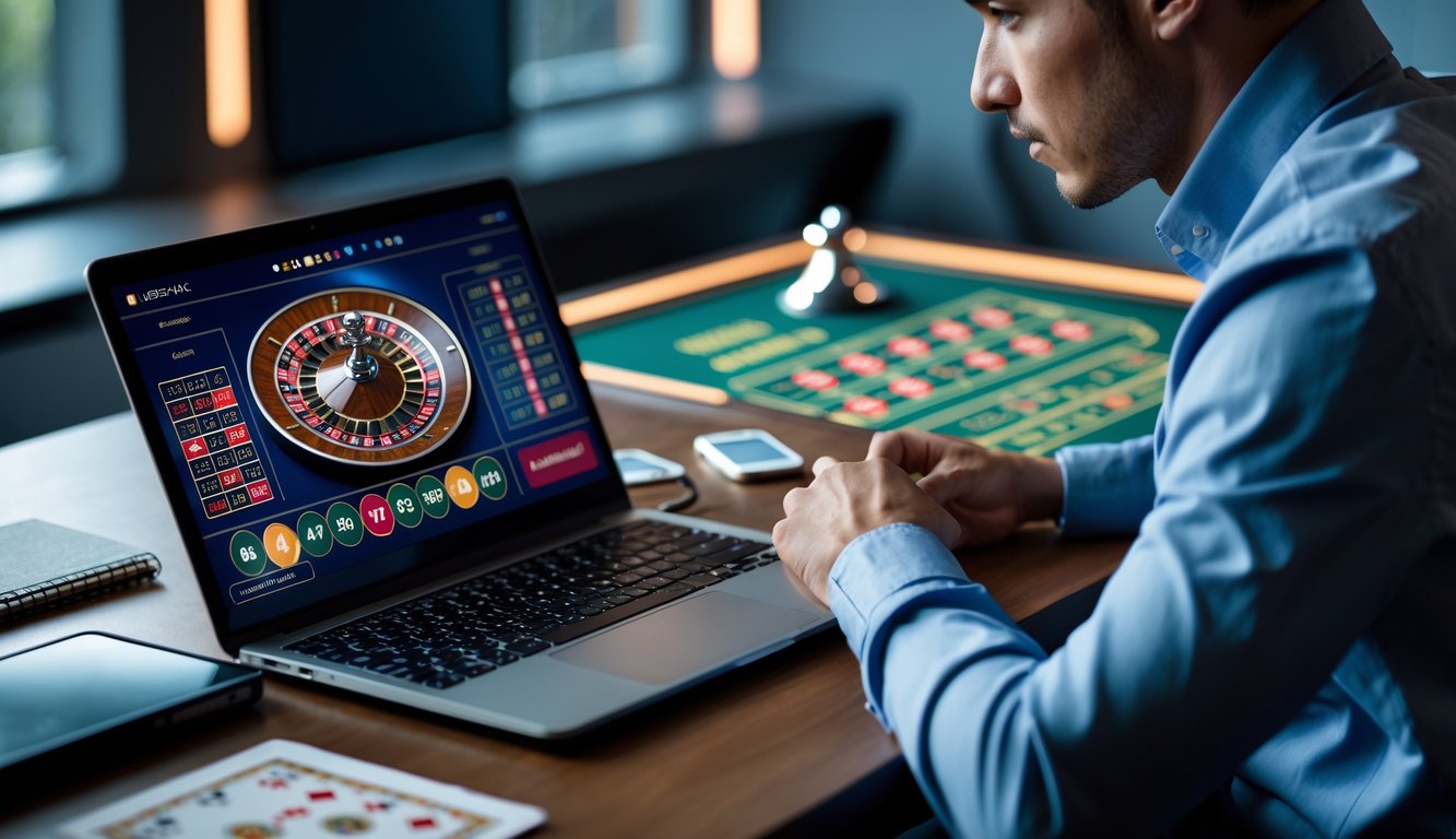 Seseorang yang fokus merencanakan strategi bermain roulette online di depan laptop dengan chip dan kartu di meja.