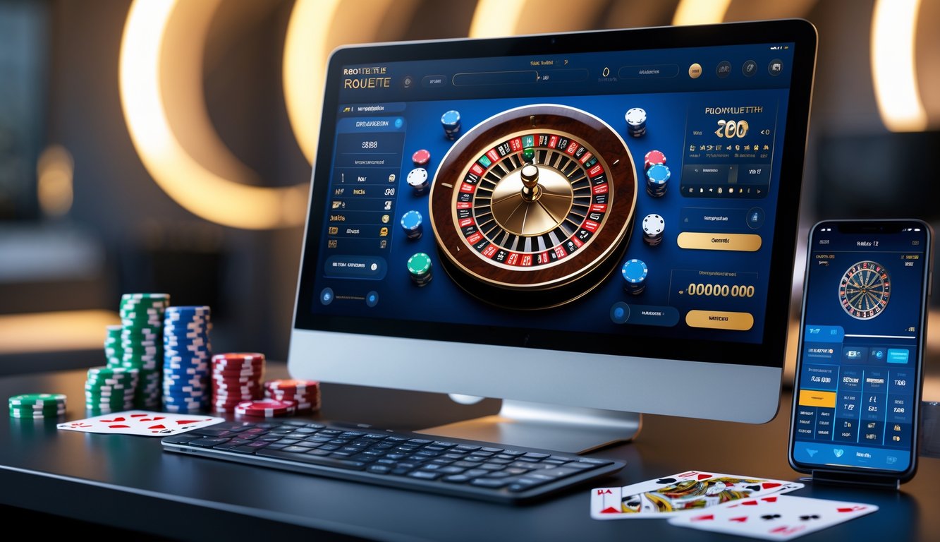 Sebuah meja permainan roulette online dengan roda roulette digital di layar komputer dan chip poker di sekitarnya.