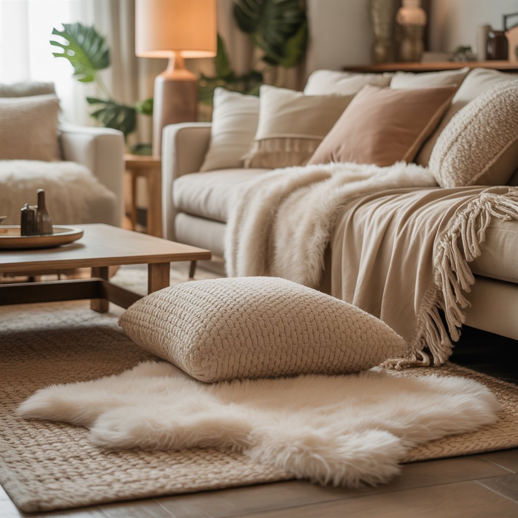 A cozy living room with a sofa covered in cushions, a plush rug on the floor, and soft natural light filling the space.
