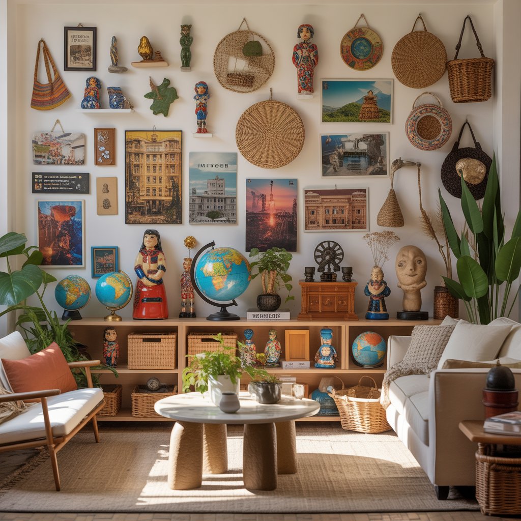 A living room with shelves and surfaces displaying various travel souvenirs like globes, postcards, and cultural artifacts, surrounded by modern furniture and plants.
